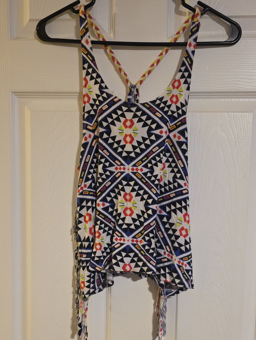 Braided-Strap Geometric Tank Top — Navy & Multi